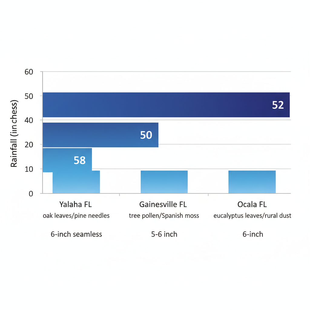Horizontal bar chart comparing annual rainfall in Yalaha, Gainesville, and Ocala, Florida, with debris types and recommended gutter sizes.
