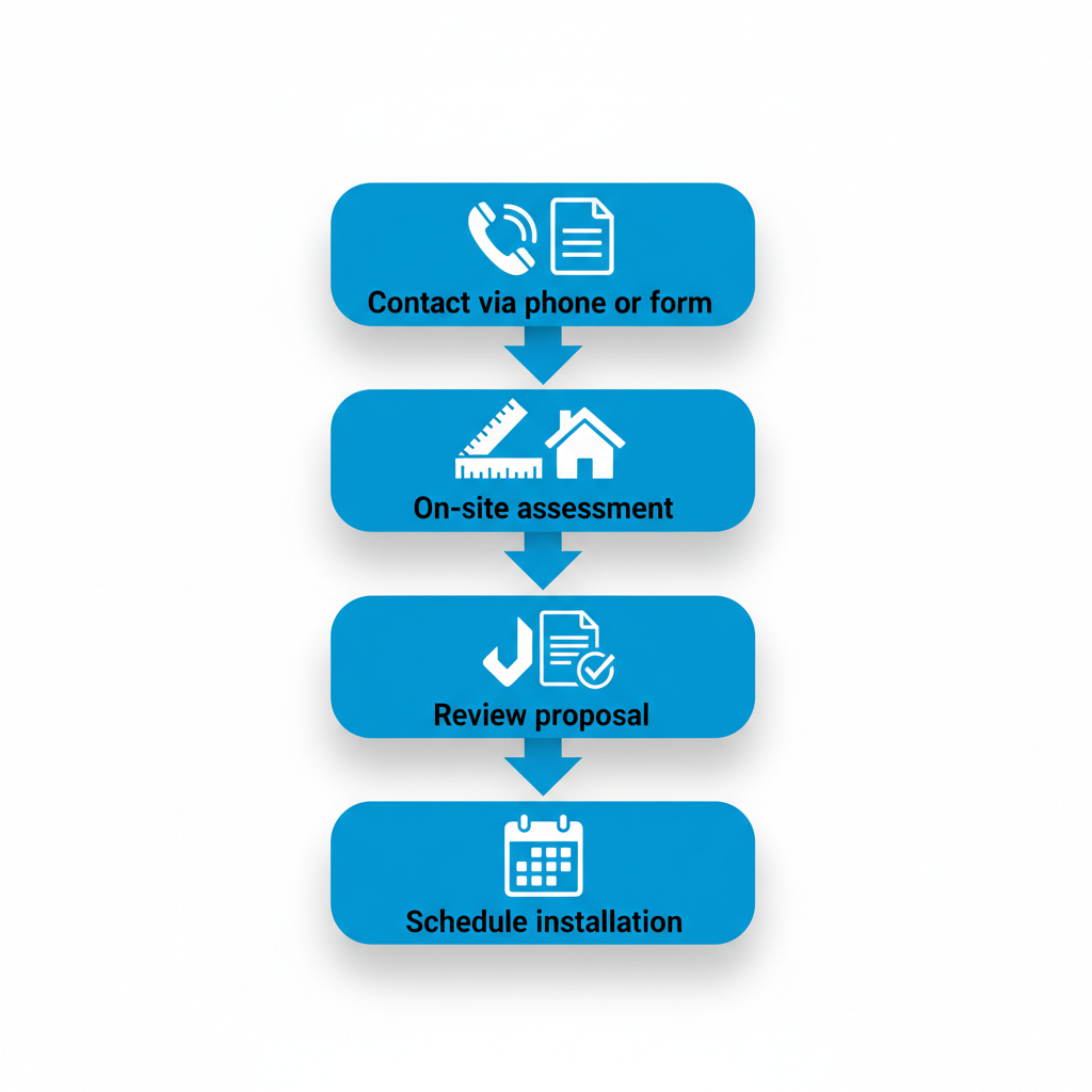 Vertical process flow diagram showing four steps to get a gutter quote in Yalaha: contact, assessment, review, and schedule installation.