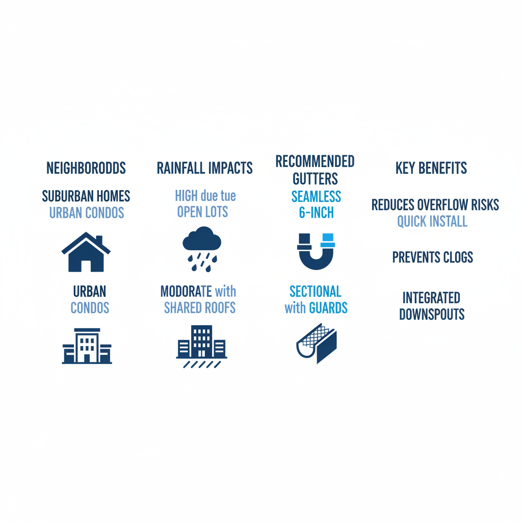 Infographic comparing gutter system suitability for Sanford neighborhoods, including types, rainfall impacts, recommendations, and benefits with icons.