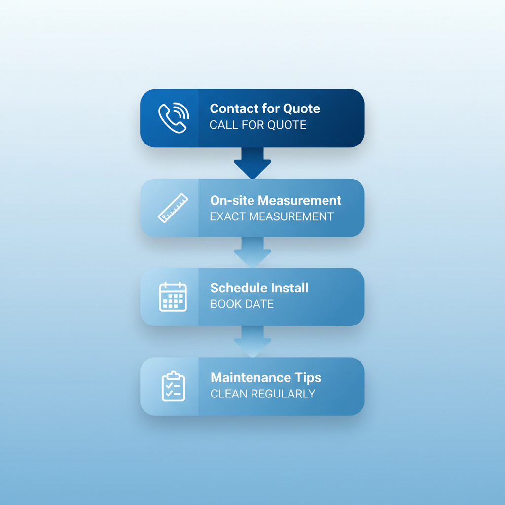 Vertical process flow diagram illustrating four steps for starting a seamless gutter project: contact for quote, on-site measurement, schedule installation, and maintenance tips.