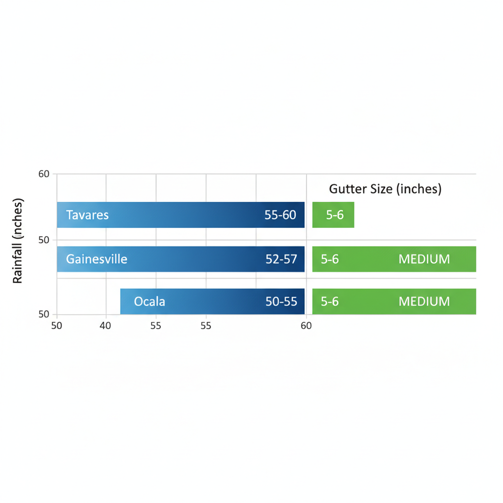 Horizontal bar chart comparing average annual rainfall, recommended gutter sizes, and suitability ratings for Tavares, Gainesville, and Ocala areas in Central Florida.