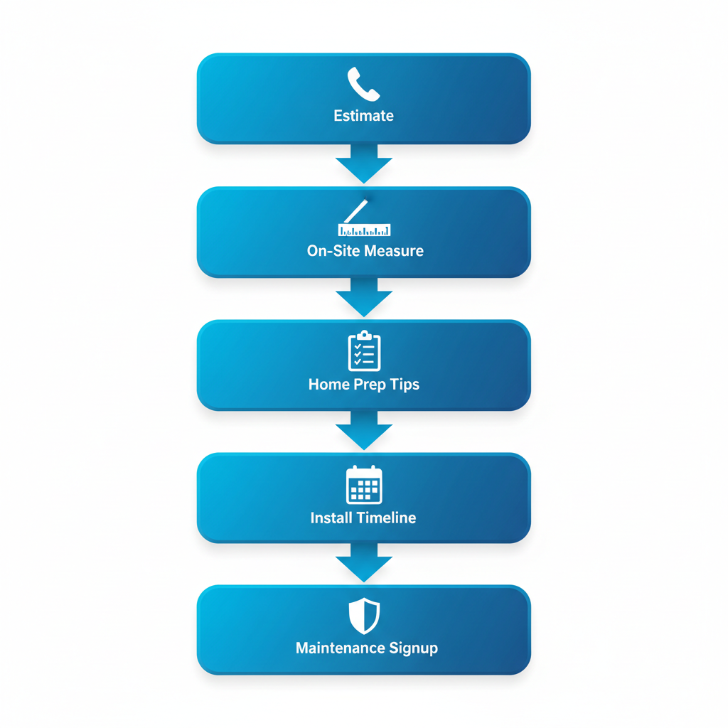 Vertical process flow diagram illustrating five steps to start a gutter project with icons and short labels