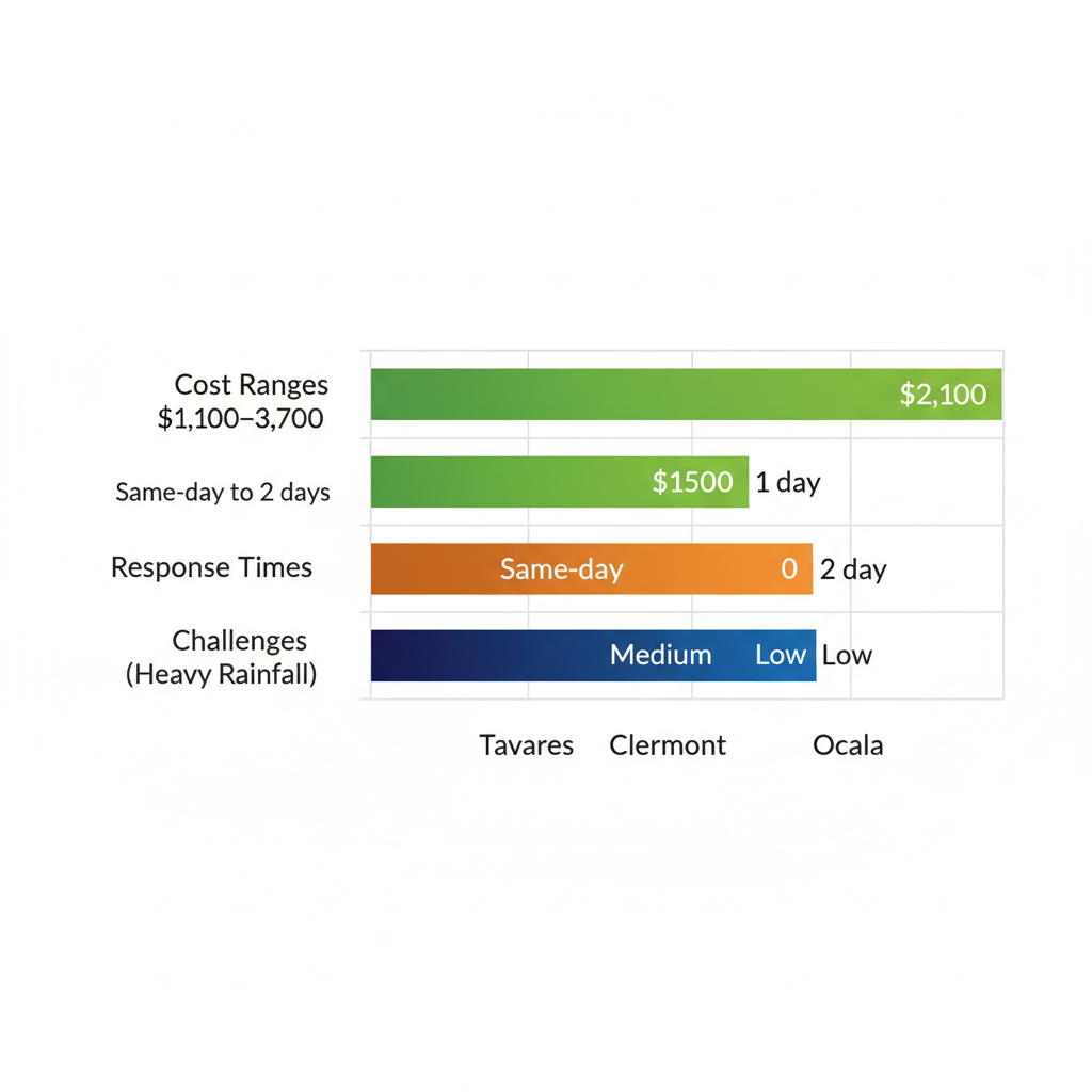 Horizontal bar chart comparing gutter service costs, response times, and challenges across Tavares, Clermont, and Ocala in Central Florida
