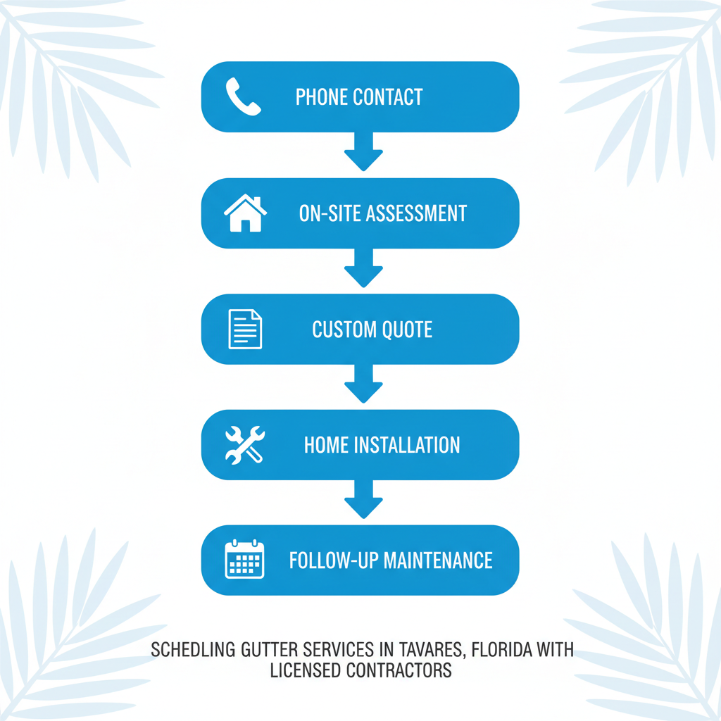 Vertical process flow diagram illustrating five steps to schedule gutter services in Tavares, Florida, featuring icons and blue rounded boxes.