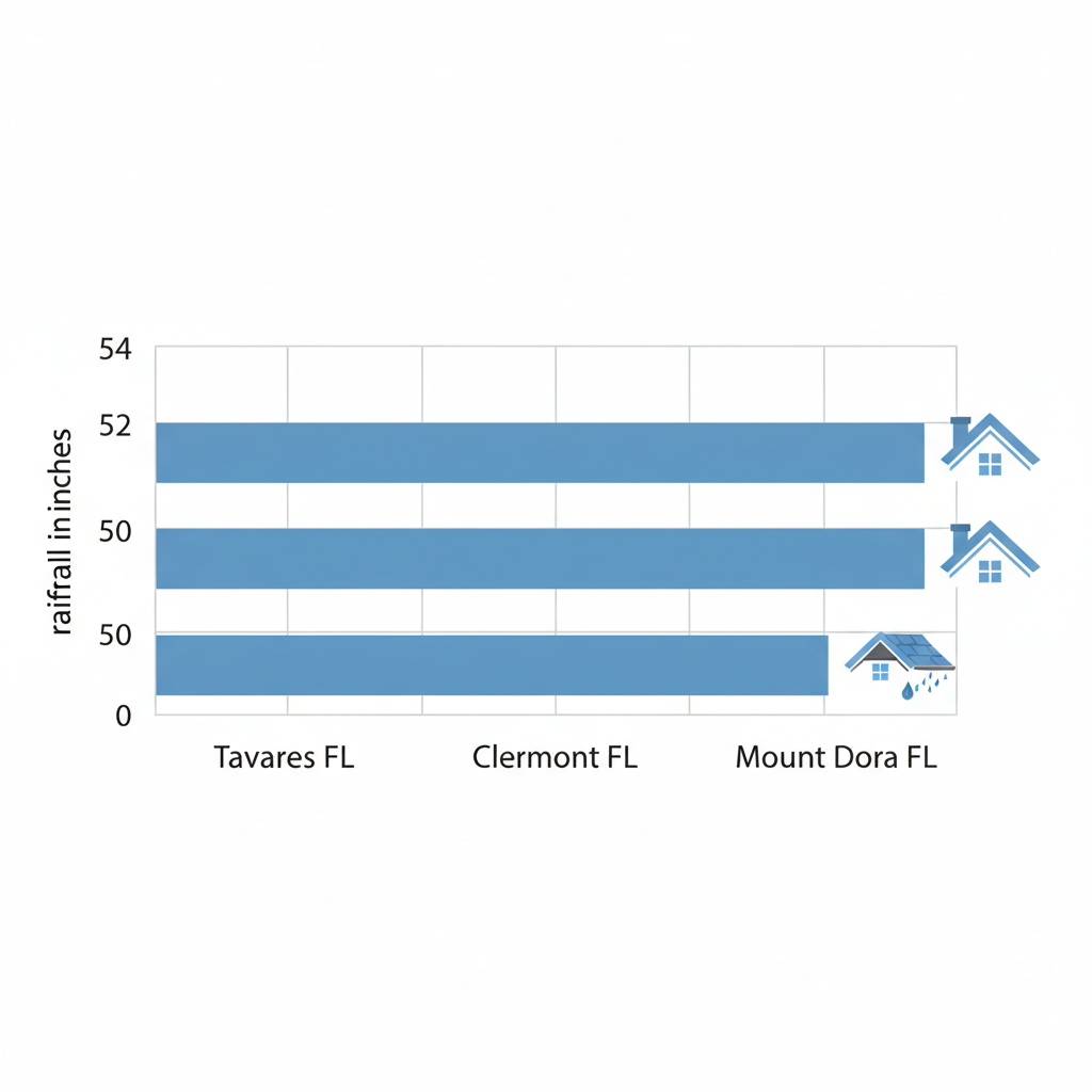 Horizontal bar chart comparing annual rainfall and recommended seamless gutter sizes for Tavares, Clermont, and Mount Dora in Central Florida.