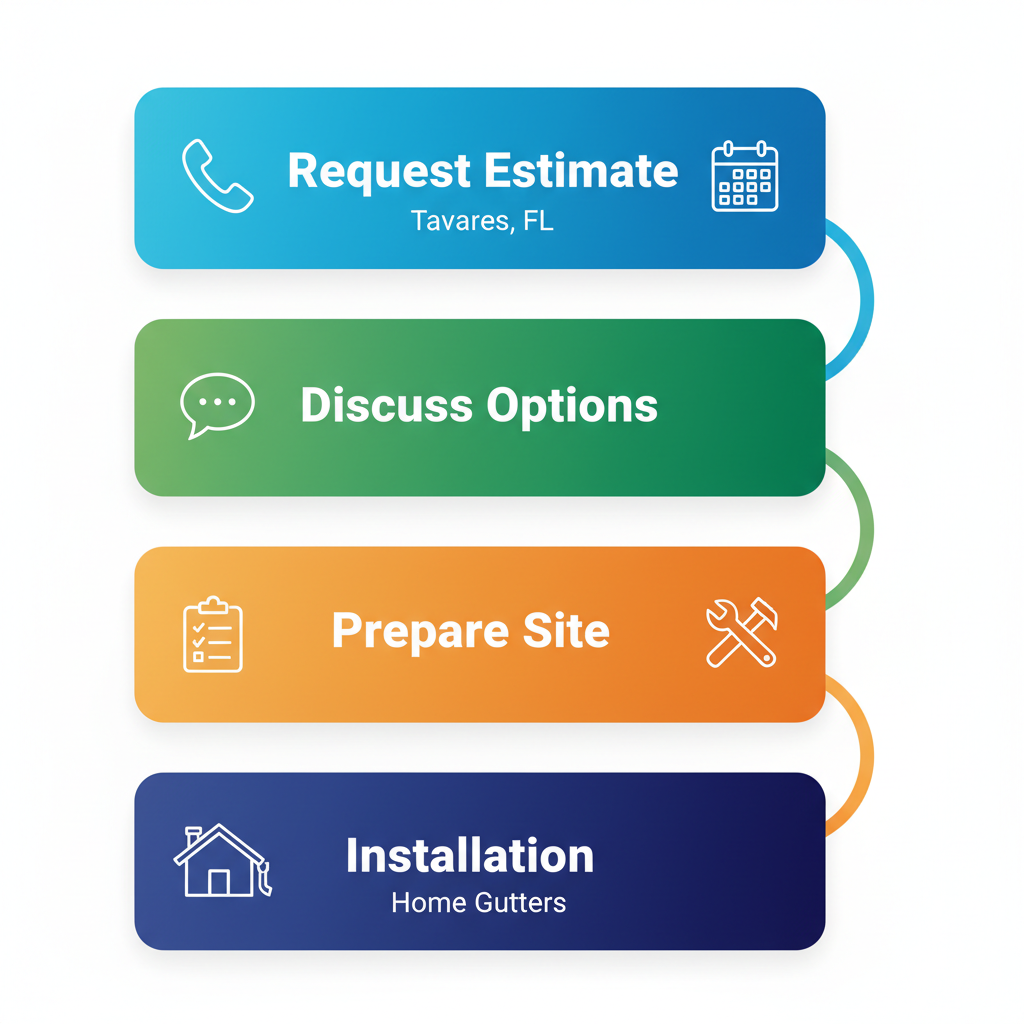 Vertical process flow diagram showing four steps to start gutter services: request estimate, discuss options, prepare site, and installation.