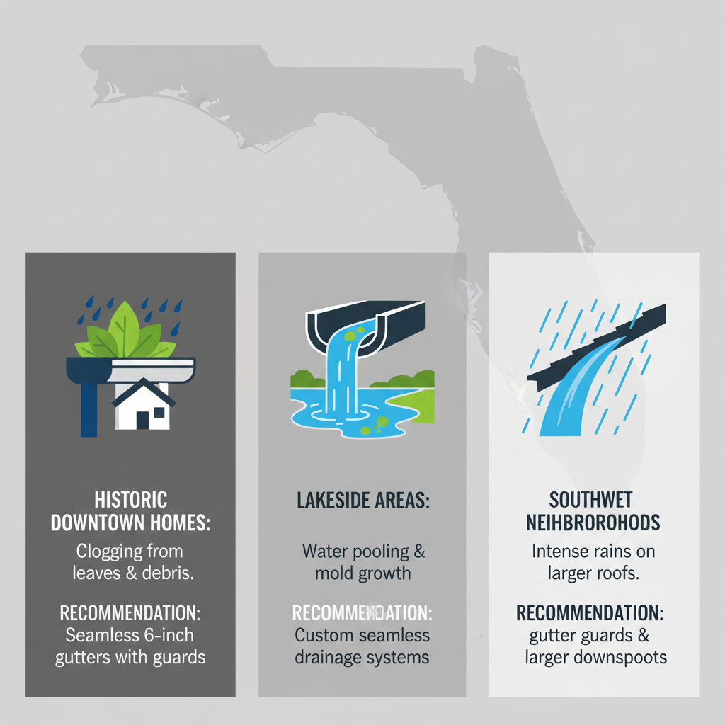 Infographic comparing gutter challenges and recommendations in three Groveland neighborhoods: downtown clogging, lakeside pooling, southwest overflow with icons and blue-green tones.