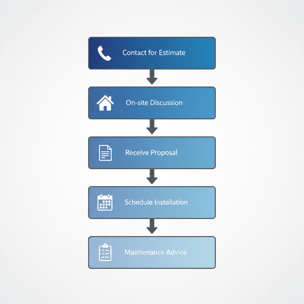Vertical process flow illustrating five steps to schedule a gutter project in Groveland, featuring icons for contact, on-site discussion, proposal, scheduling, and maintenance.