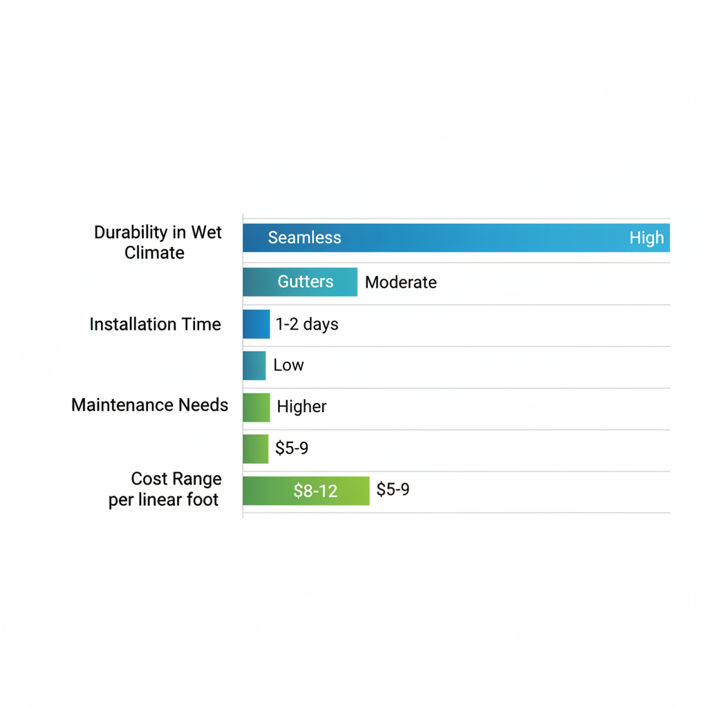 Horizontal bar chart comparing seamless and sectional gutters for Eustis homes focusing on durability, installation, maintenance, and cost.