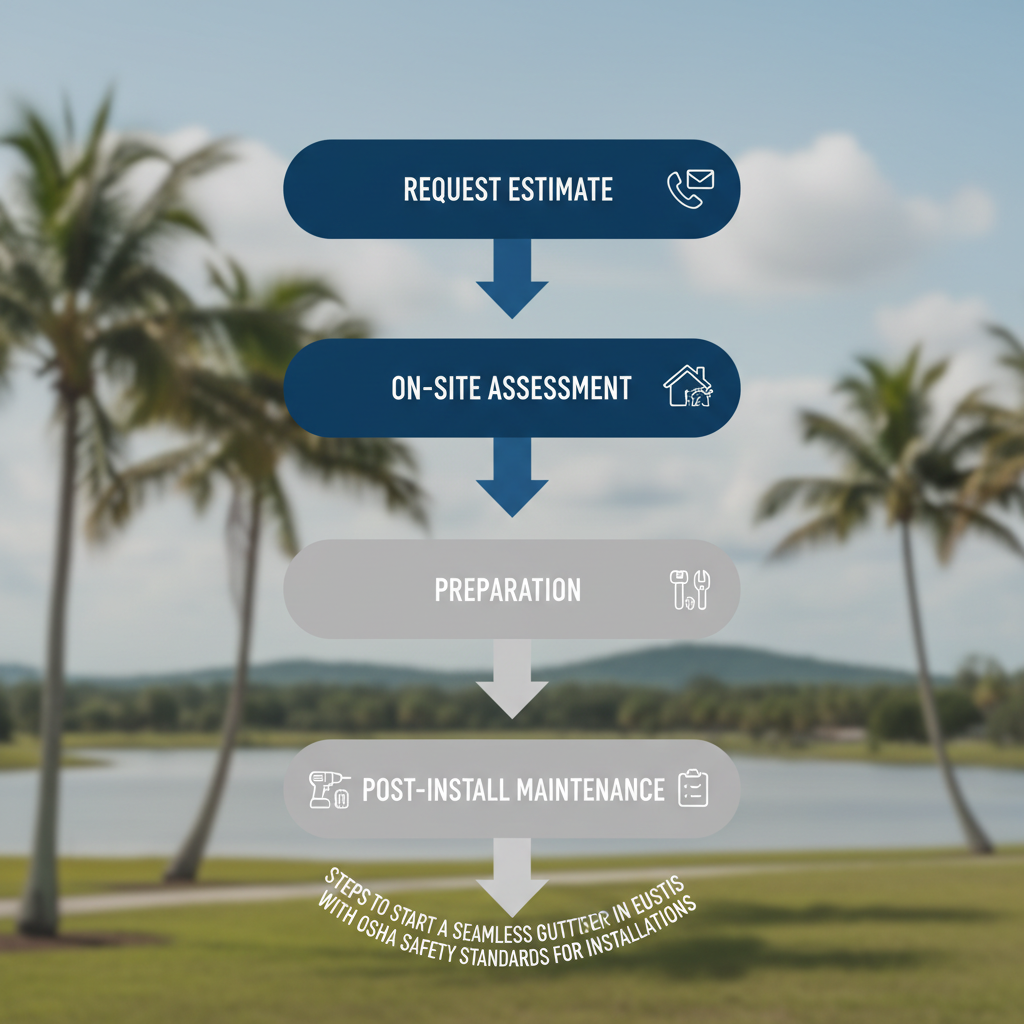 Vertical process flow illustrating five steps to begin a gutter project in Eustis, ensuring safety during installation.