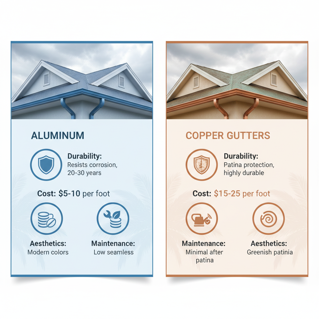 Side-by-side chart comparing aluminum and copper gutters for durability, cost, maintenance, and aesthetics in humid climates.