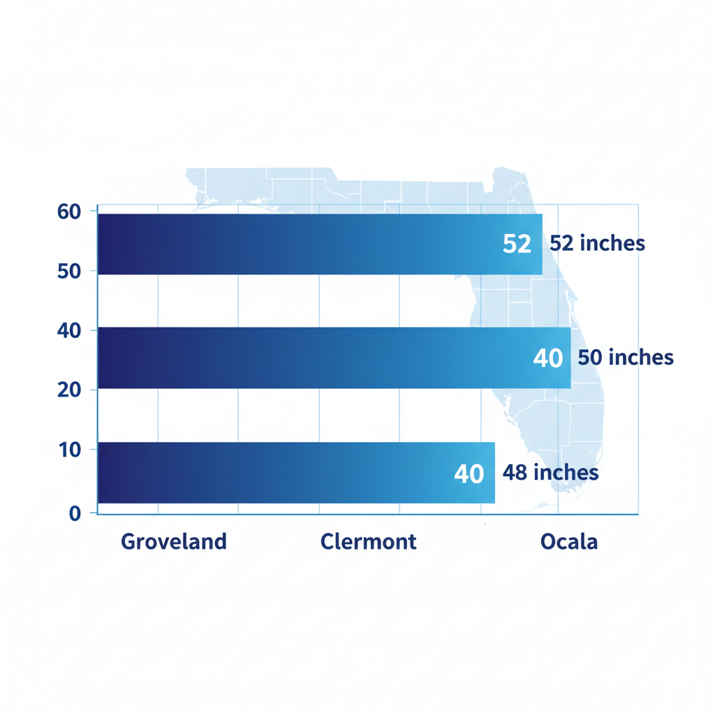 Bar chart showing annual rainfall comparison in Groveland, Clermont, and Ocala for Central Florida gutter planning.