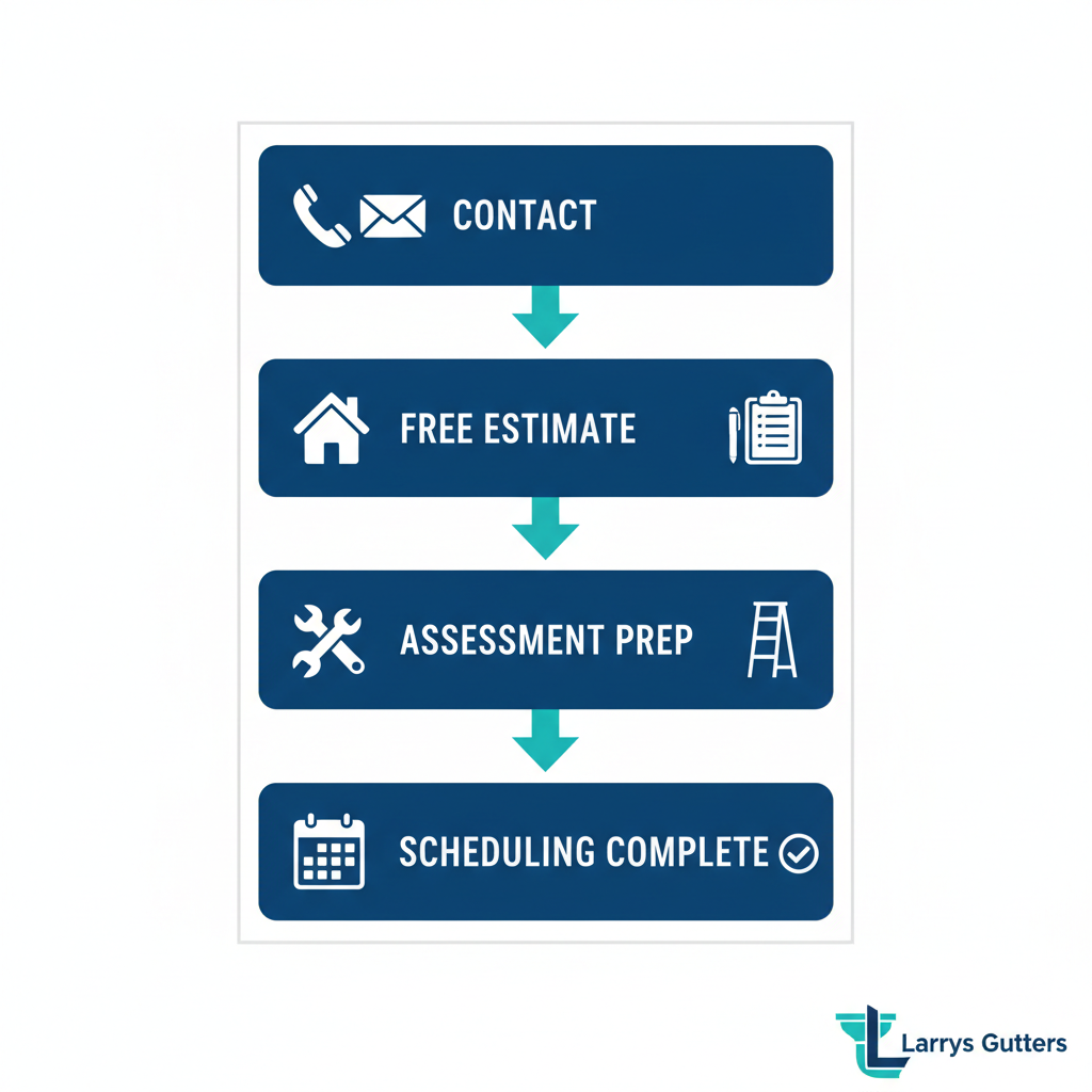 Vertical process flow diagram showing four steps to start gutter services: contact, estimate, assessment, and scheduling.