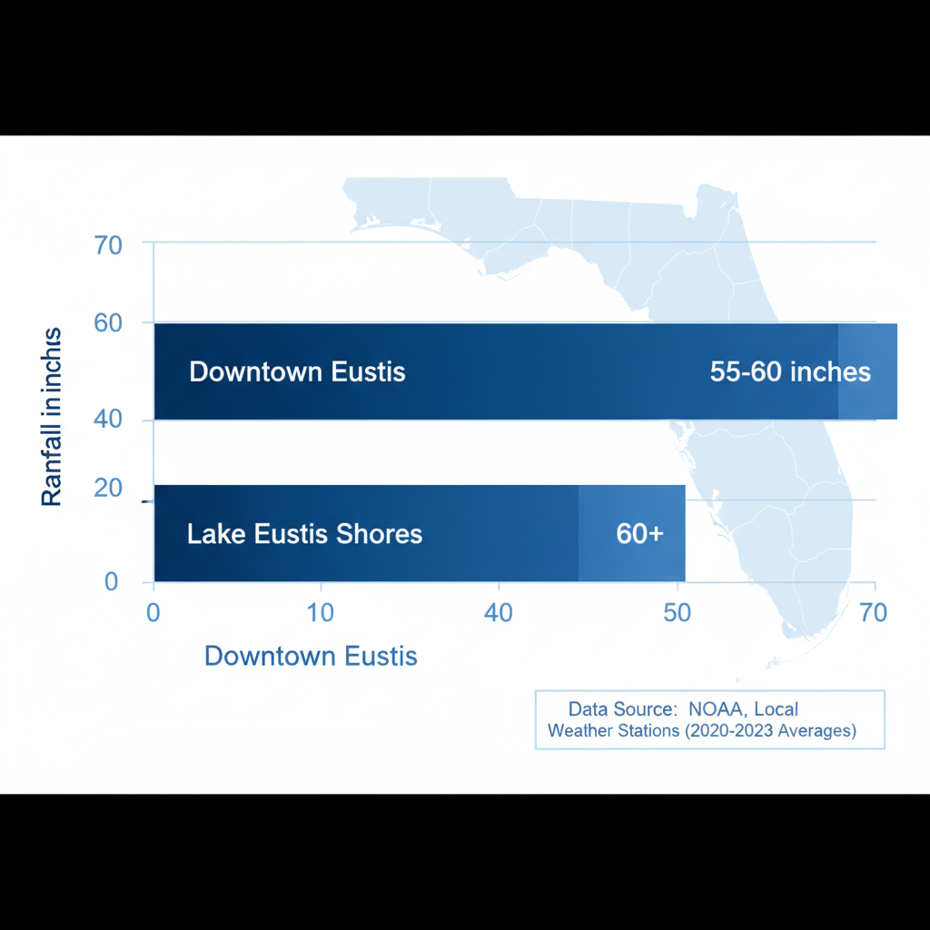Horizontal bar chart comparing average annual rainfall in Downtown Eustis (55-60 inches) and Lake Eustis Shores (60+ inches) against a subtle Florida map background, emphasizing the importance of rain gutters for home protection.