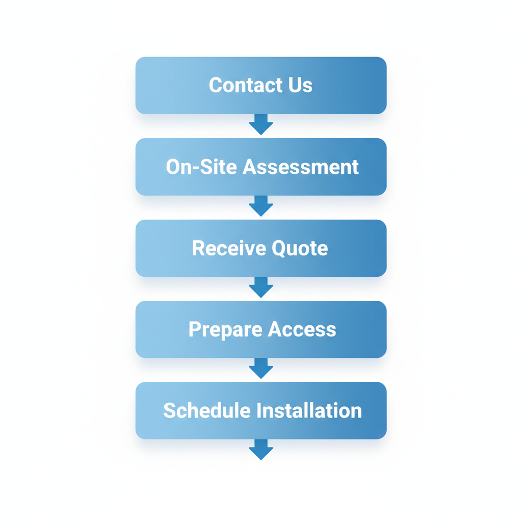 Vertical process flow diagram showing five steps to arrange gutter services: contact, assessment, quote, preparation, and scheduling.
