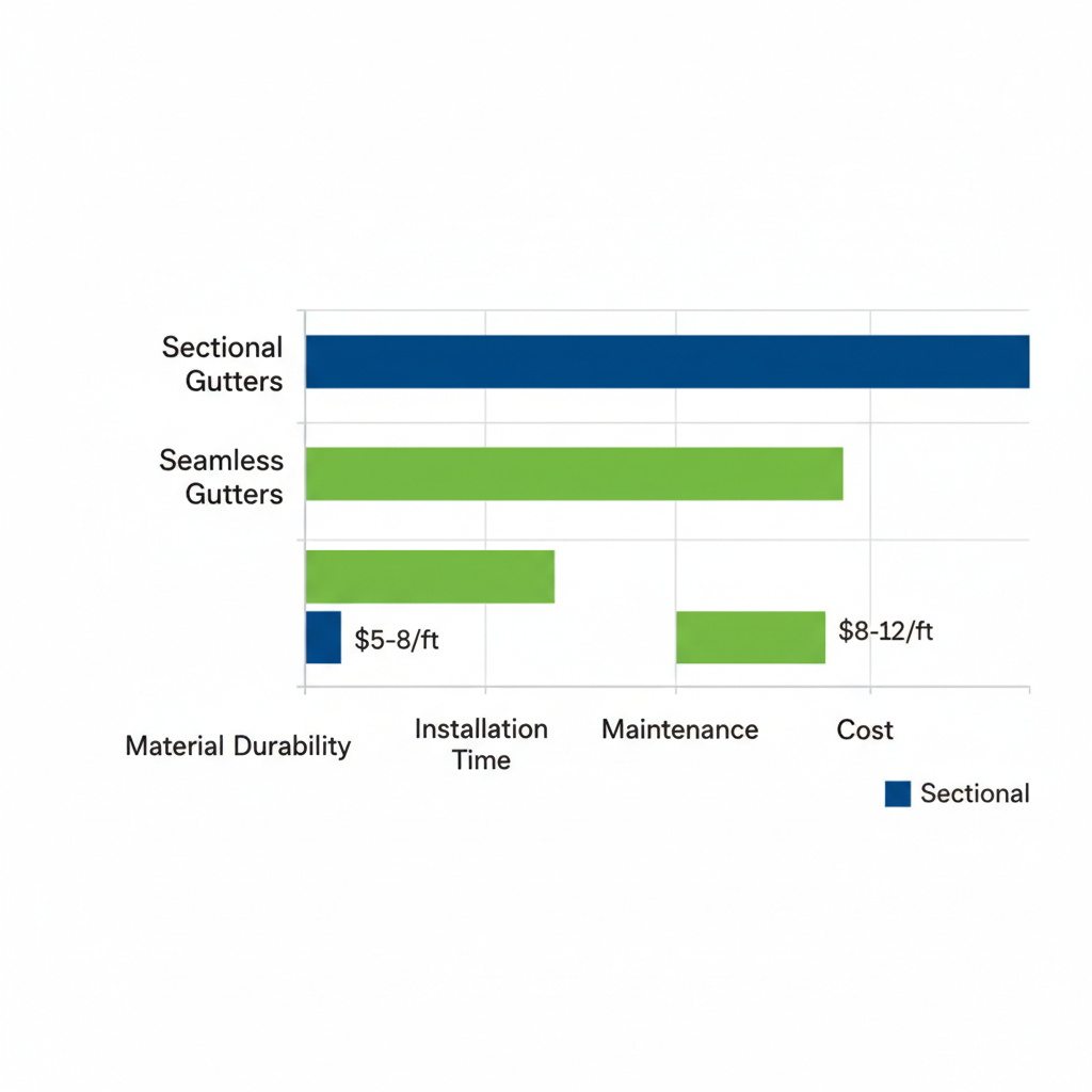 Horizontal bar chart comparing sectional and seamless gutters' durability, installation time, maintenance, and cost for Minneola area homes, highlighting seamless advantages.