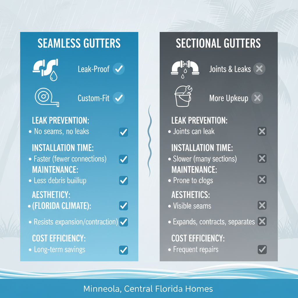 Infographic comparing seamless and sectional gutters for Minneola homes, highlighting advantages in leak prevention, installation, and durability.
