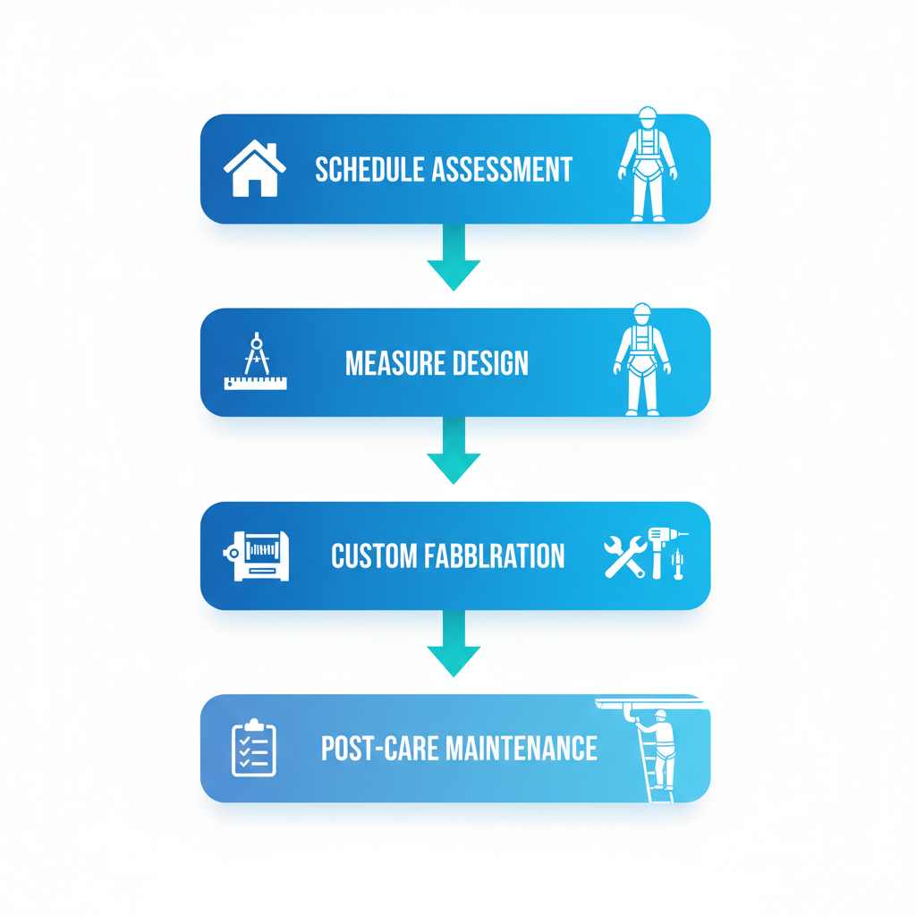 Vertical process flow diagram showing five steps for safe seamless gutter installation in Minneola, Florida