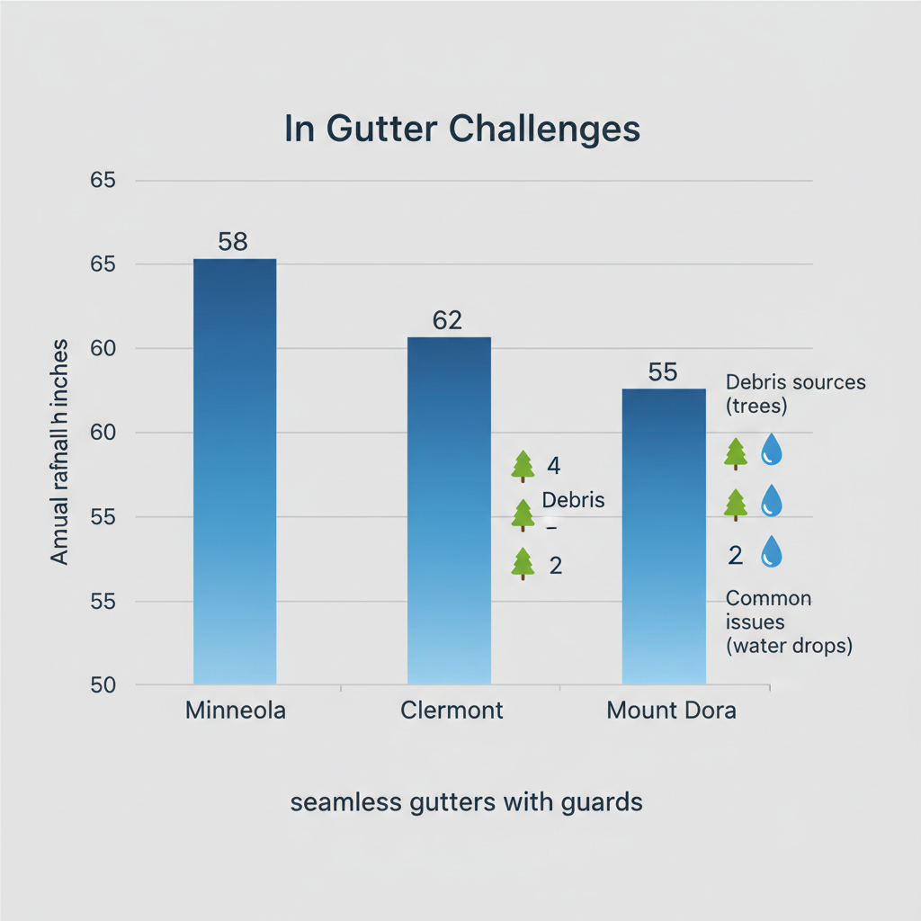 Horizontal bar chart comparing annual rainfall, debris sources, and gutter issues in Minneola, Clermont, and Mount Dora, Florida.