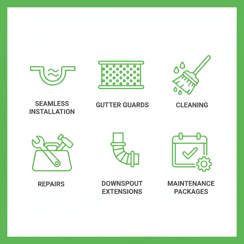 Grid of icons showing available gutter services including installation, guards, cleaning, repairs, extensions, and maintenance.