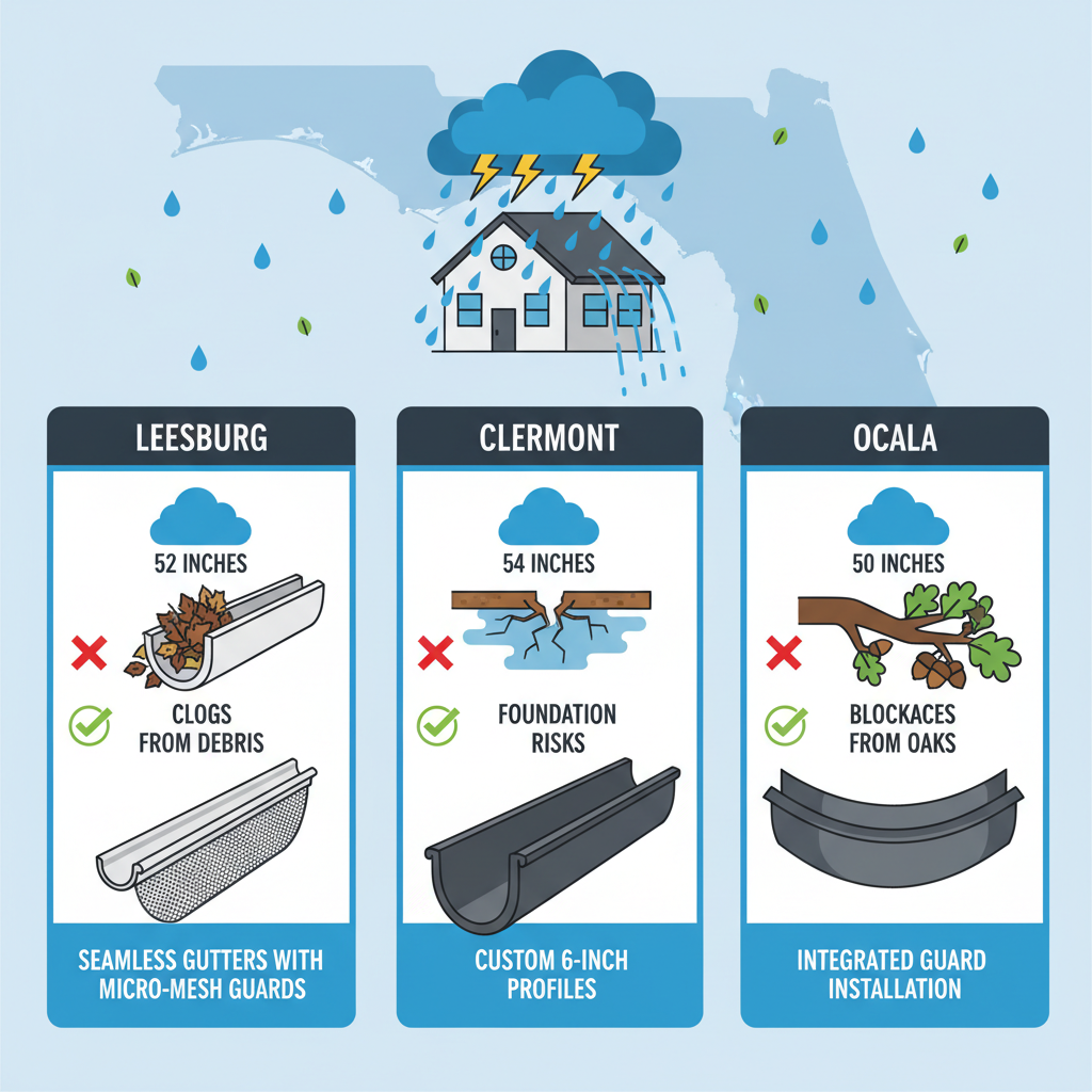 Infographic depicting rainfall-related gutter challenges and seamless gutter solutions for Leesburg, Clermont, and Ocala in Florida