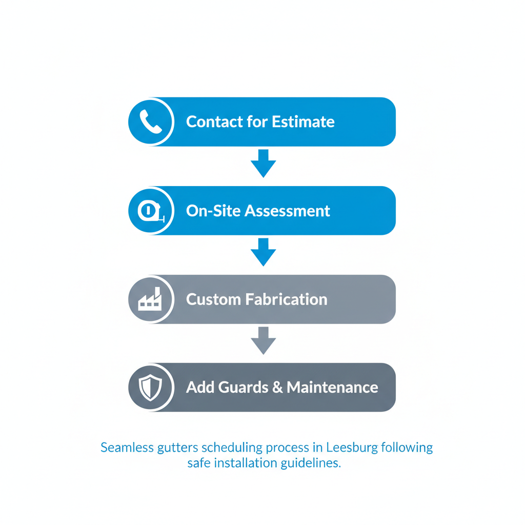 Vertical process flow diagram illustrating the four steps to schedule seamless gutters in Leesburg with icons and labels