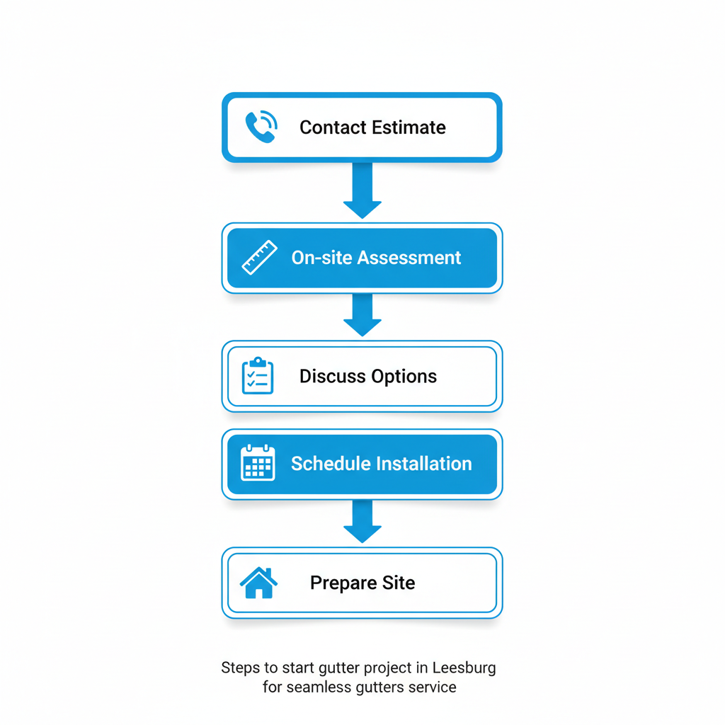 Vertical process flow diagram illustrating five steps to begin a gutter project in Leesburg with icons and labels