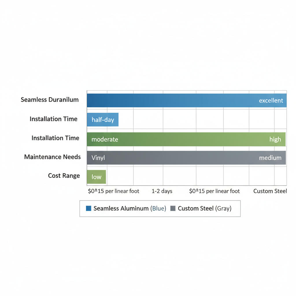 Horizontal bar chart comparing seamless aluminum, sectional vinyl, and custom steel gutters on durability, installation time, maintenance needs, and cost for Leesburg homes