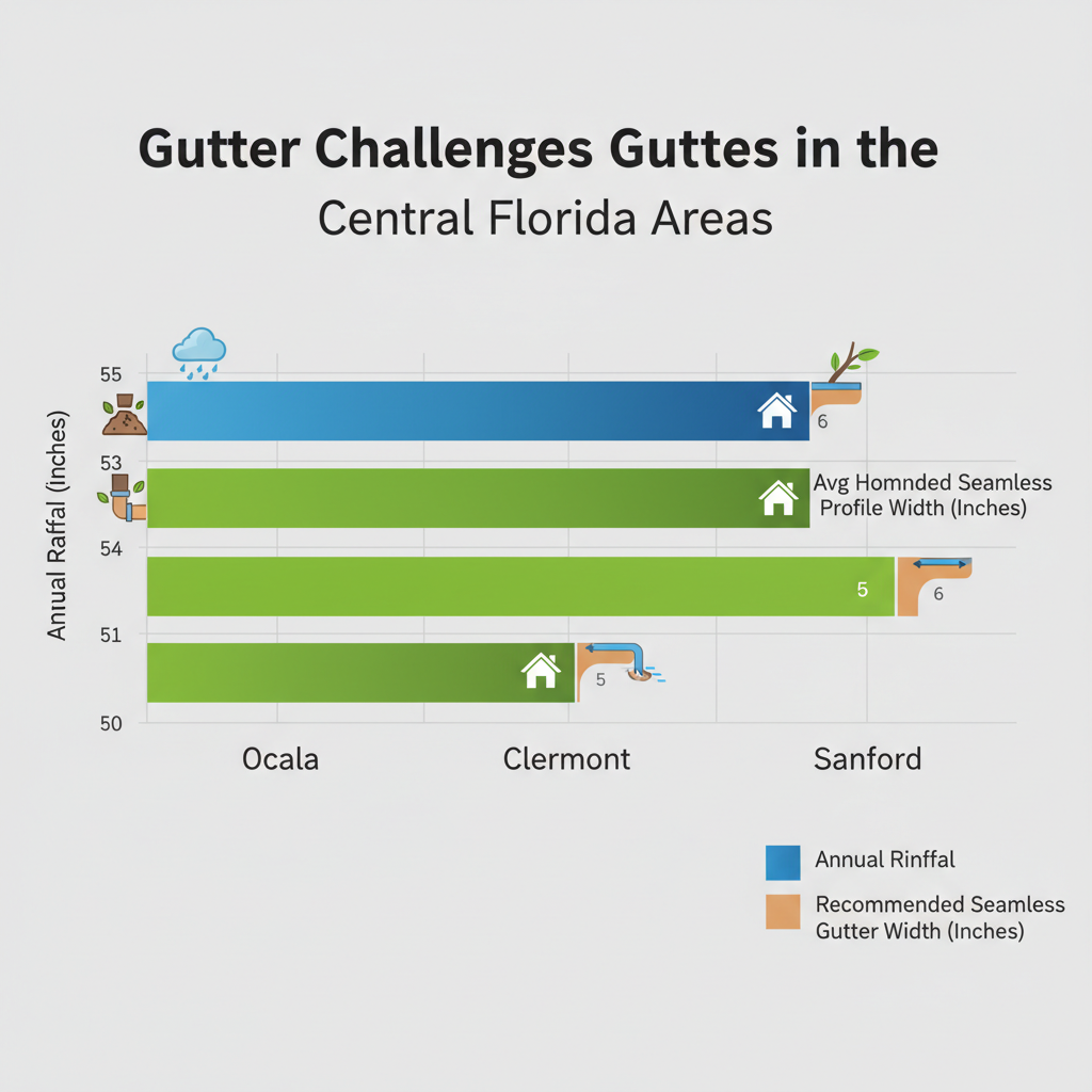 Horizontal bar chart comparing annual rainfall, average roof sizes, and recommended seamless gutter profiles across Ocala, Clermont, and Sanford areas in Central Florida, highlighting common issues like clogs and erosion.
