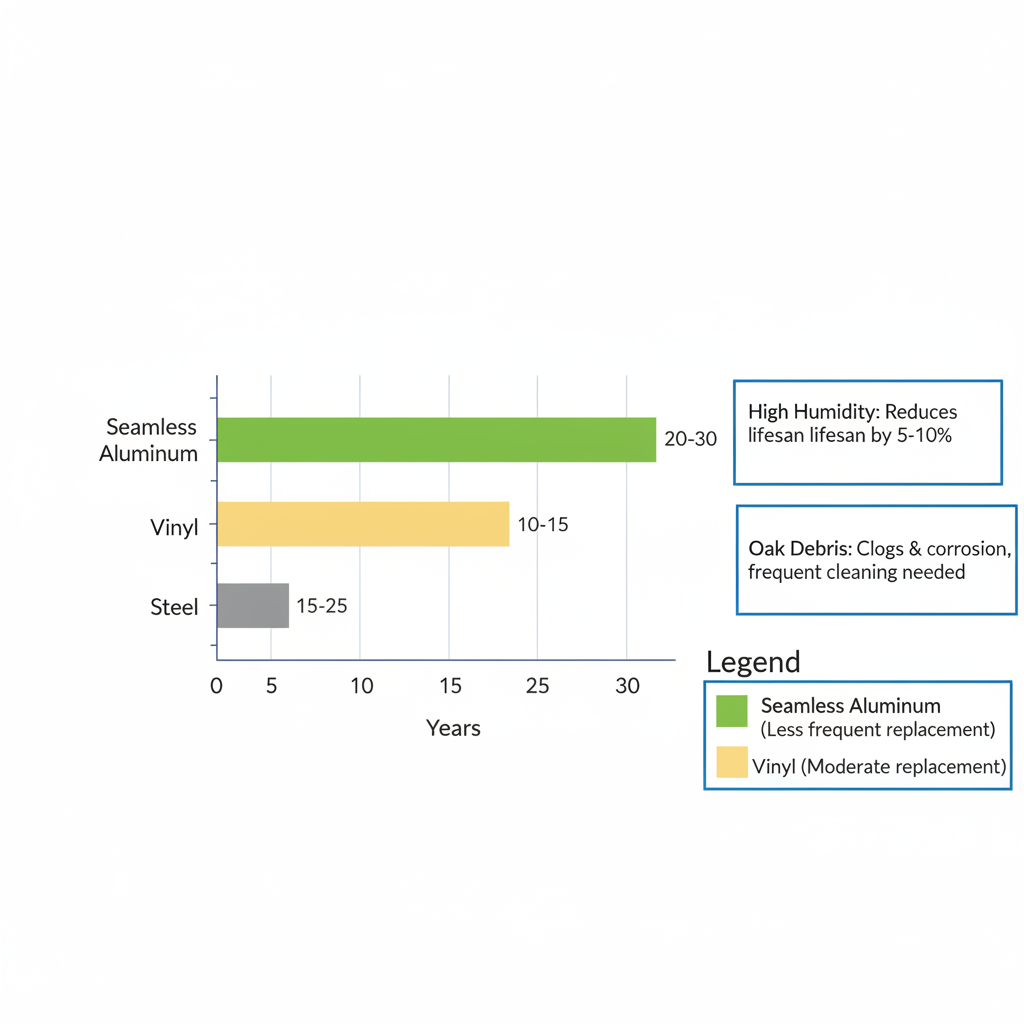Bar chart comparing lifespans of different gutter systems in Groveland, Florida, highlighting seamless aluminum as longest-lasting.