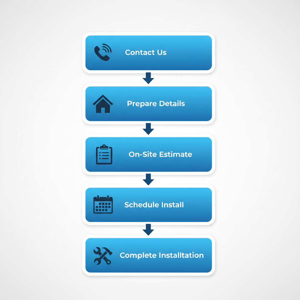 Vertical process flow diagram showing five steps for seamless gutter installation in Minneola, Florida, with icons and minimal labels