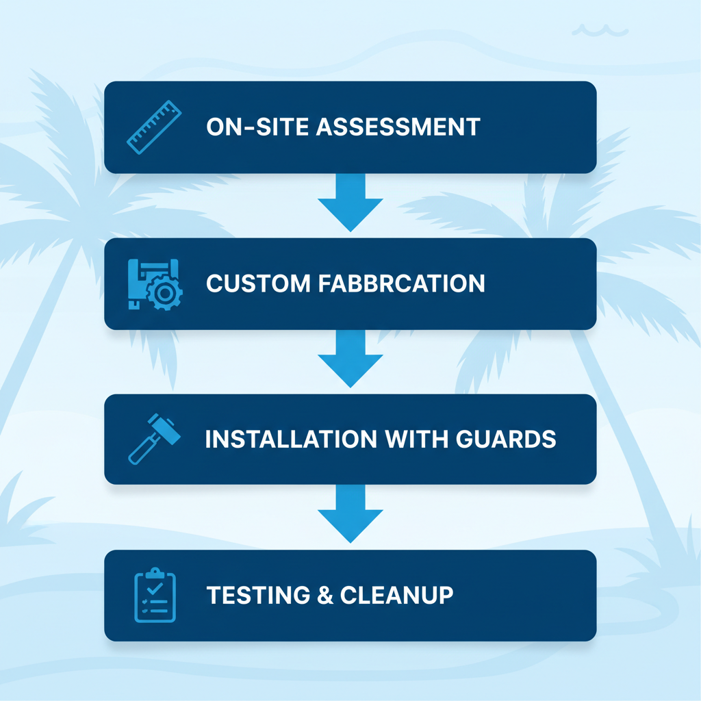 Flow diagram illustrating the four-step seamless gutter installation process for homes in Ocala, featuring icons for assessment, fabrication, installation, and testing.