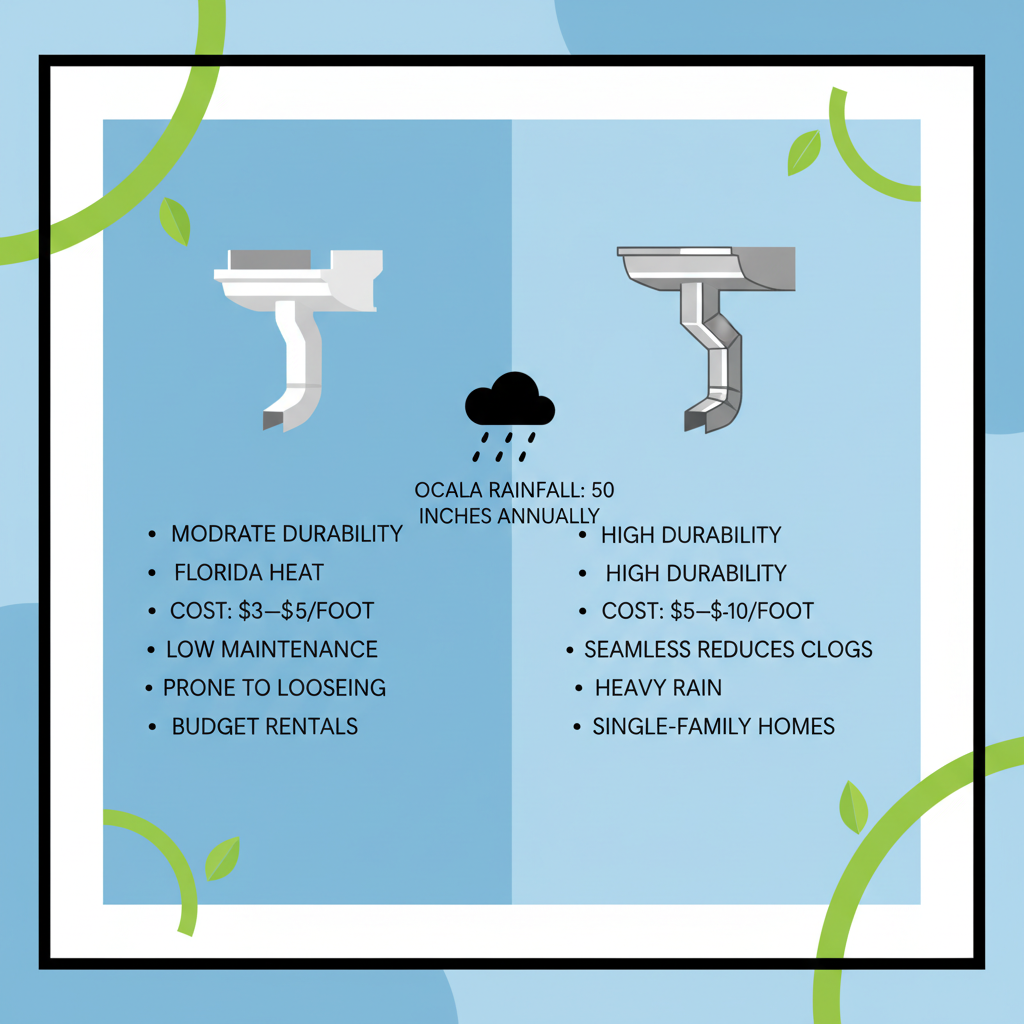 Infographic comparing vinyl and aluminum gutters suitable for Ocala homes in Florida climate