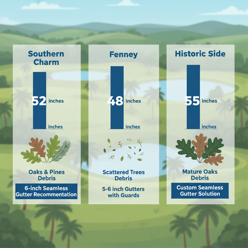 Infographic comparing gutter sizing needs across Southern Charm, Fenney, and Historic Side neighborhoods in The Villages, featuring rainfall amounts, debris types, and seamless gutter recommendations