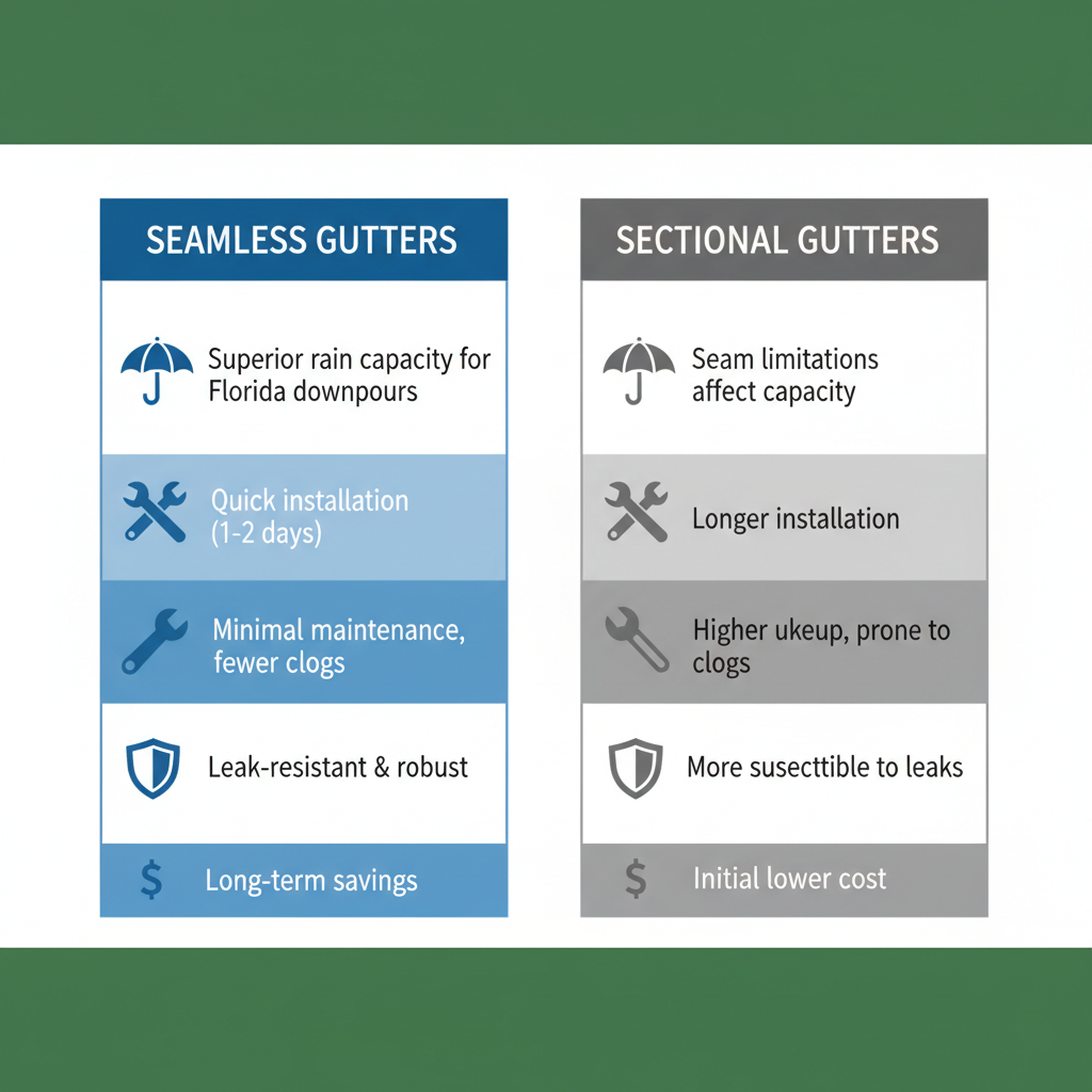 Infographic comparison of seamless versus sectional gutters for Gainesville residences, highlighting benefits in rain capacity, installation, maintenance, durability, and cost.