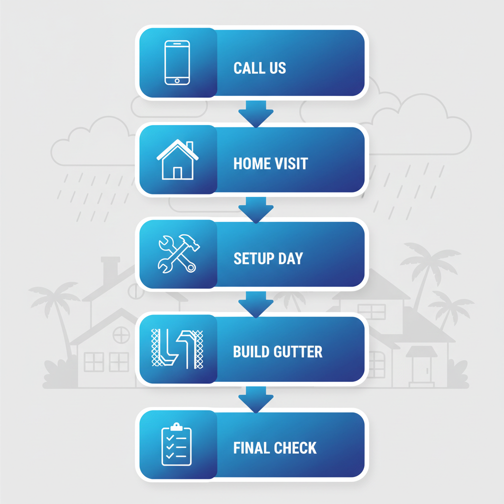Vertical process flow diagram illustrating six steps for seamless gutter installation in Gainesville homes with icons and labels.