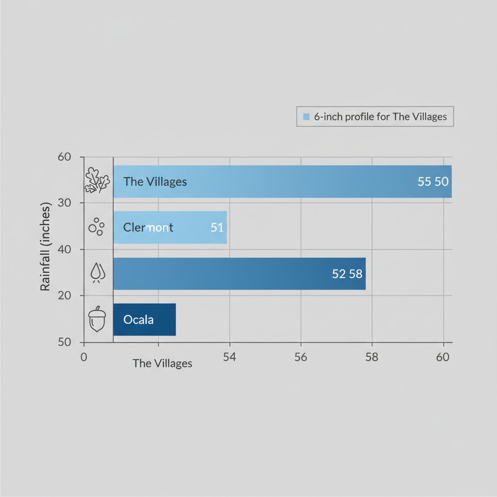 Bar chart comparing annual rainfall in Central Florida areas with debris icons and profile recommendation.