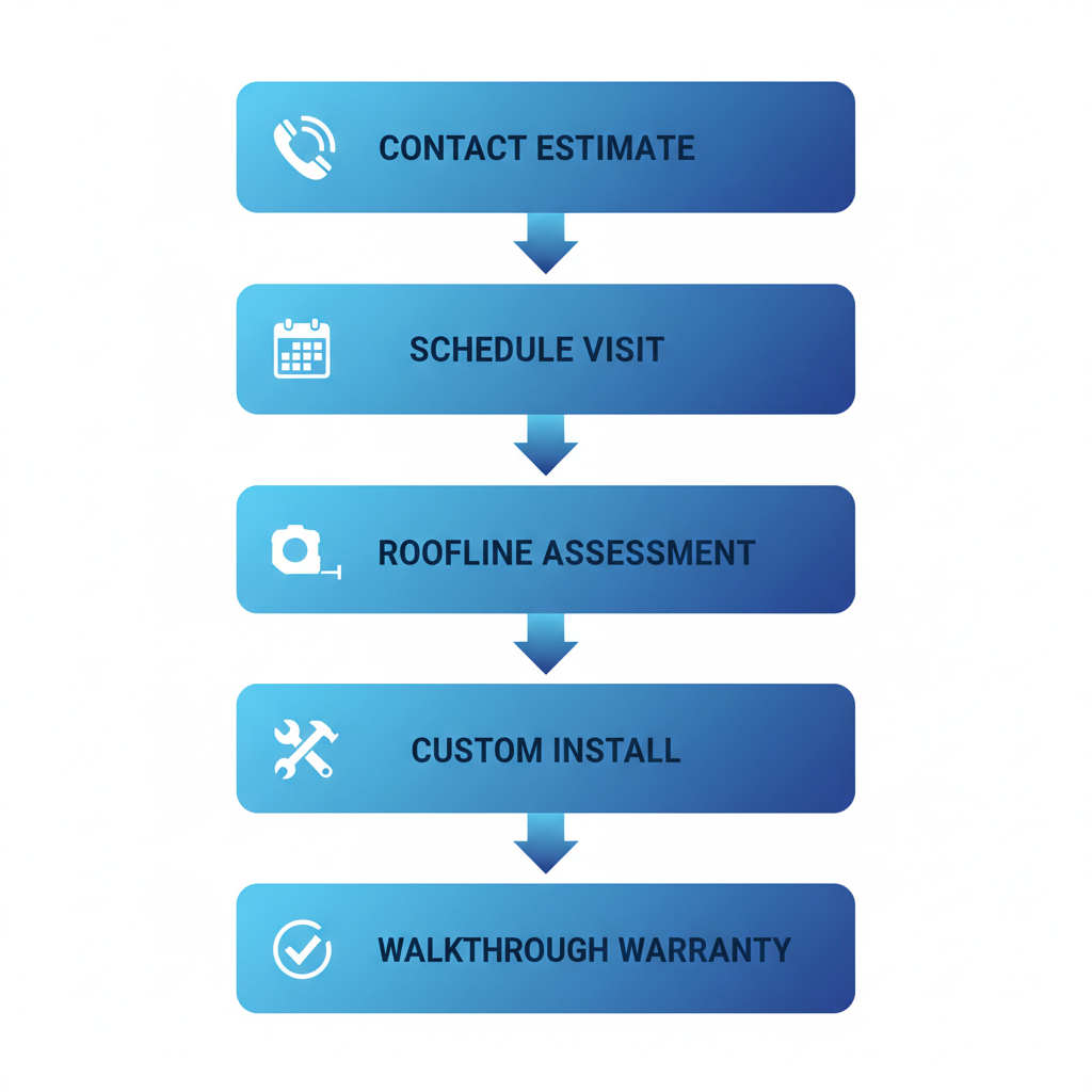 Vertical process flow diagram showing five steps to schedule gutter installation: contact for estimate, schedule visit, roofline assessment, custom fabrication and install, walkthrough and warranty, with icons and blue gradient design.