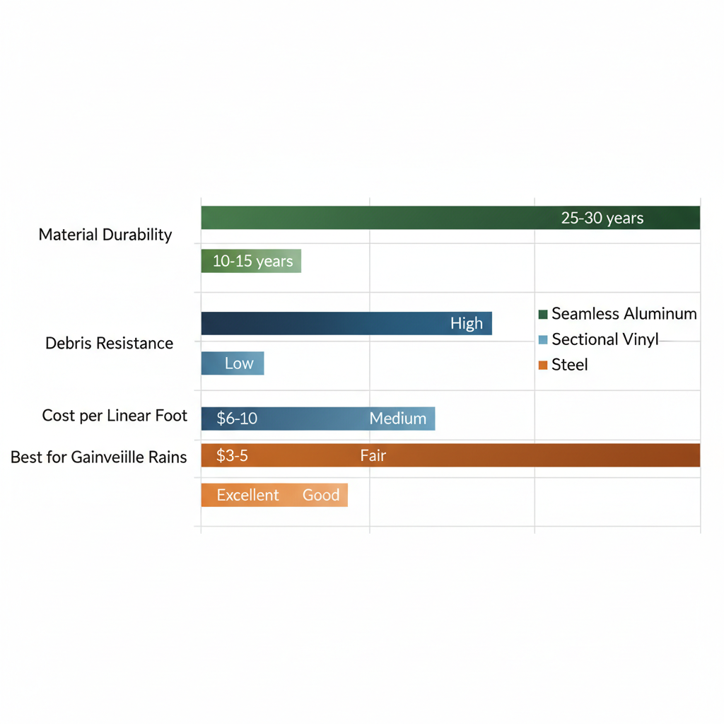 Horizontal bar chart comparing seamless aluminum, sectional vinyl, and steel gutters for durability, debris resistance, cost, and suitability in Gainesville rains