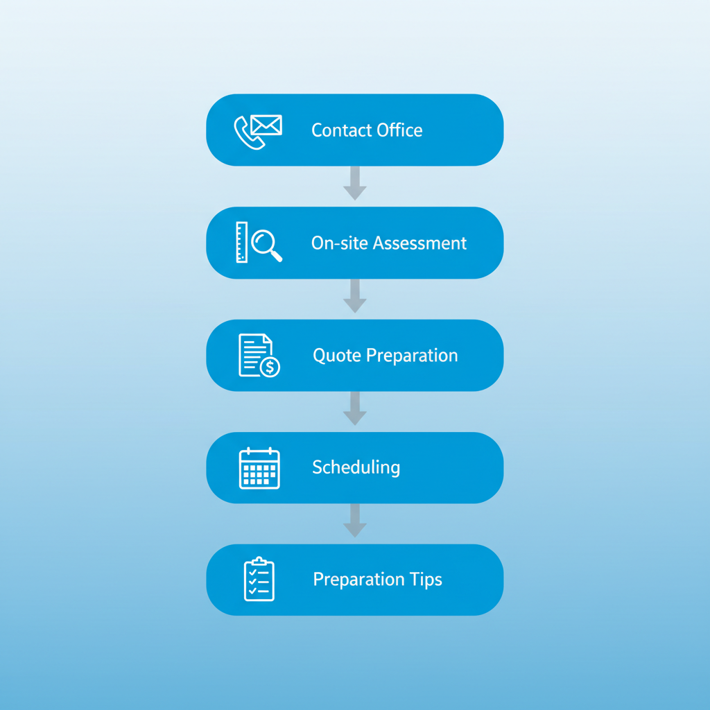 Vertical process flow diagram illustrating five steps to start gutter services in Gainesville: contact, assessment, quote, scheduling, and preparation.