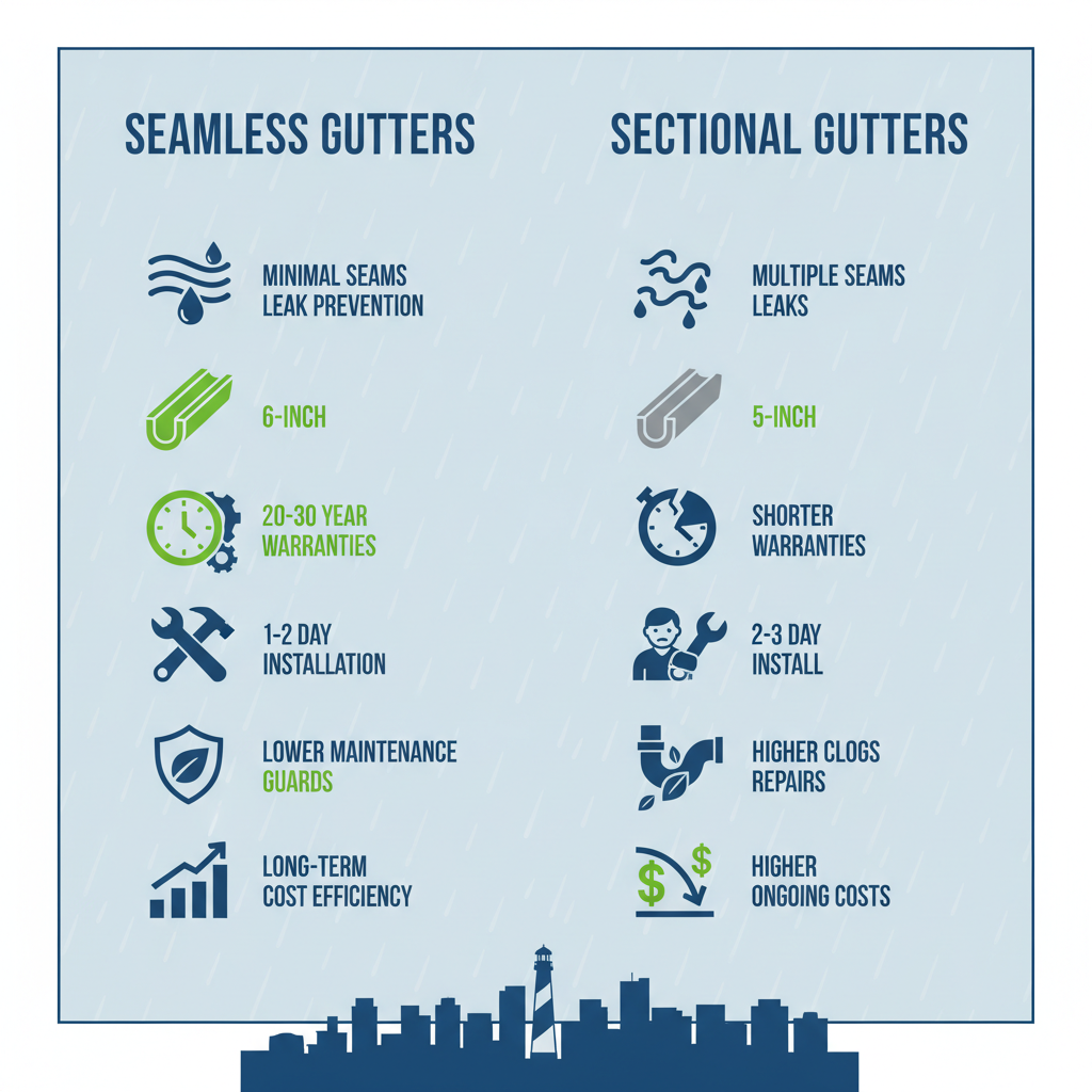 Infographic comparing seamless and sectional gutters for Mount Dora homes, highlighting benefits and drawbacks.