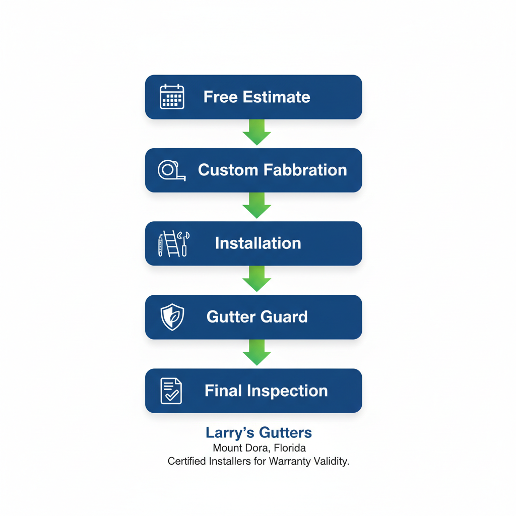 Vertical process flow diagram illustrating five stages of seamless gutter installation by Larry's Gutters in Mount Dora with icons and connections.