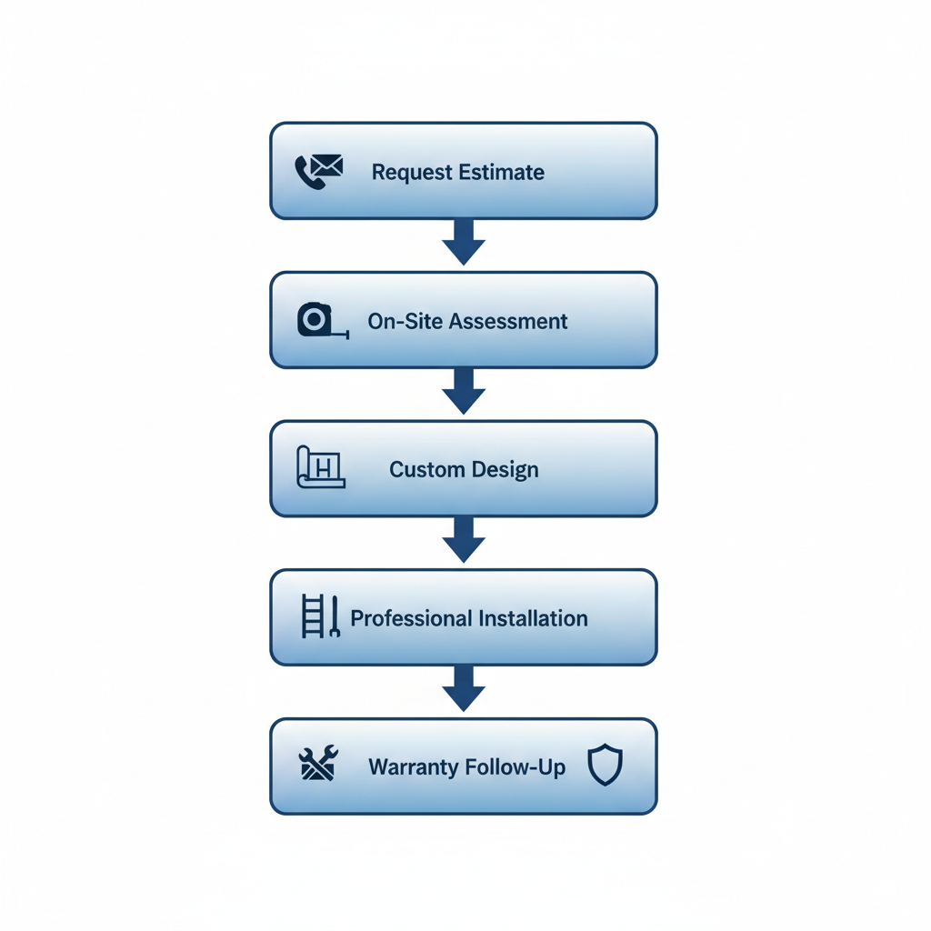 Vertical process flow diagram illustrating five key steps to begin gutter services in Lady Lake, from estimate request to warranty follow-up.