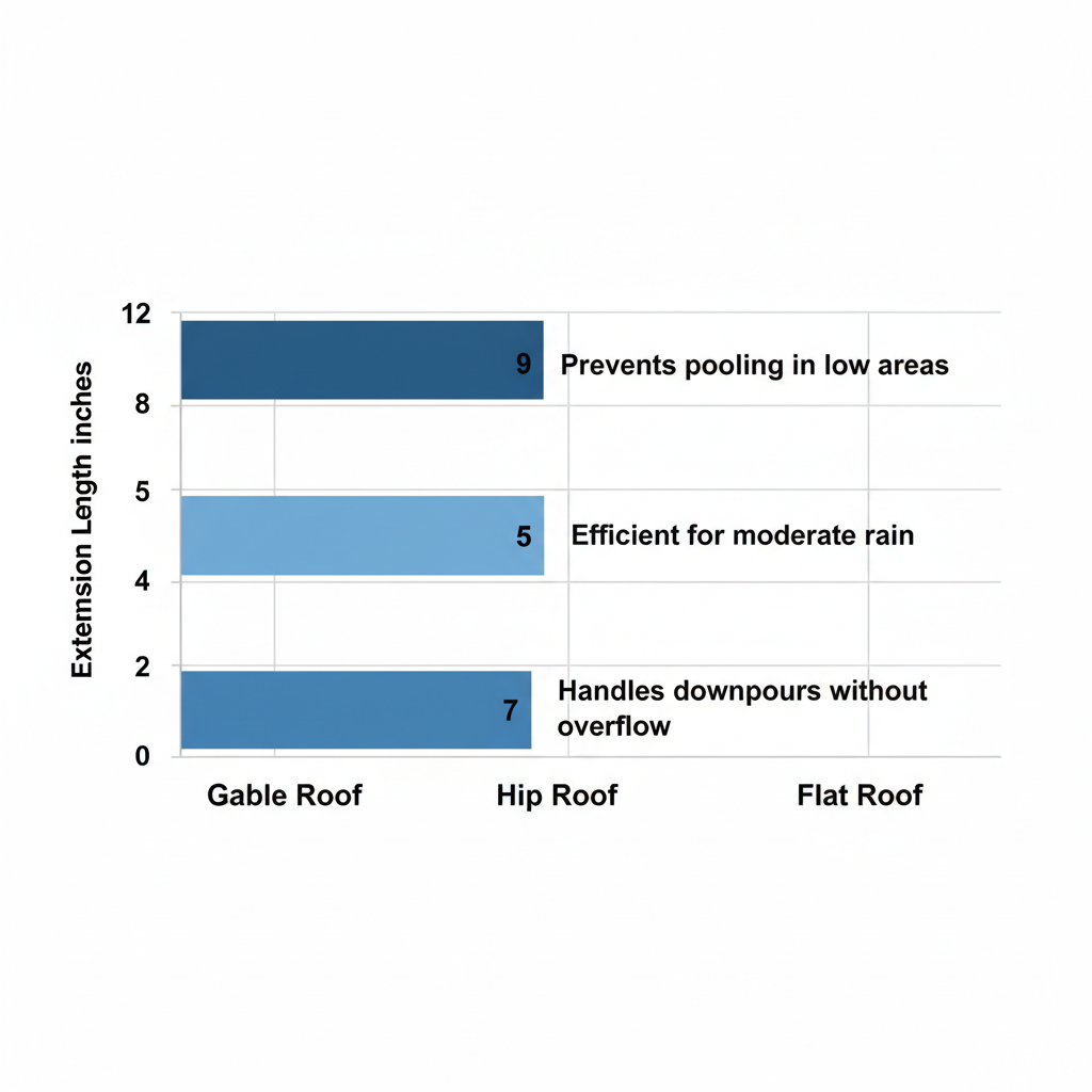Horizontal bar chart comparing gutter extension lengths for gable, hip, and flat roofs in Lady Lake, with blue bars showing 7, 5, and 9 inches respectively, including short rationales and grid lines.