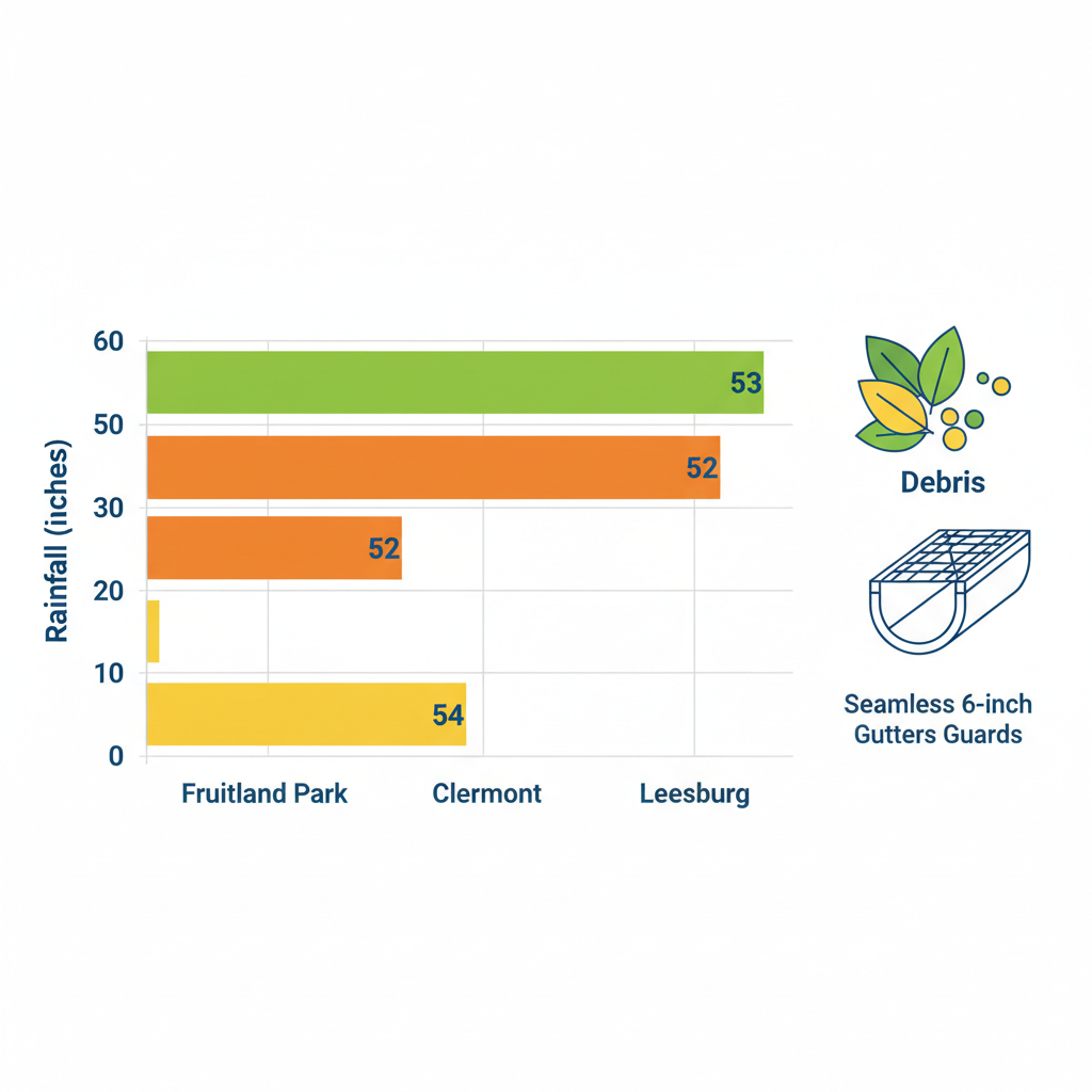 Horizontal bar chart comparing annual rainfall in Fruitland Park, Clermont, and Leesburg with gutter recommendations and debris icons.