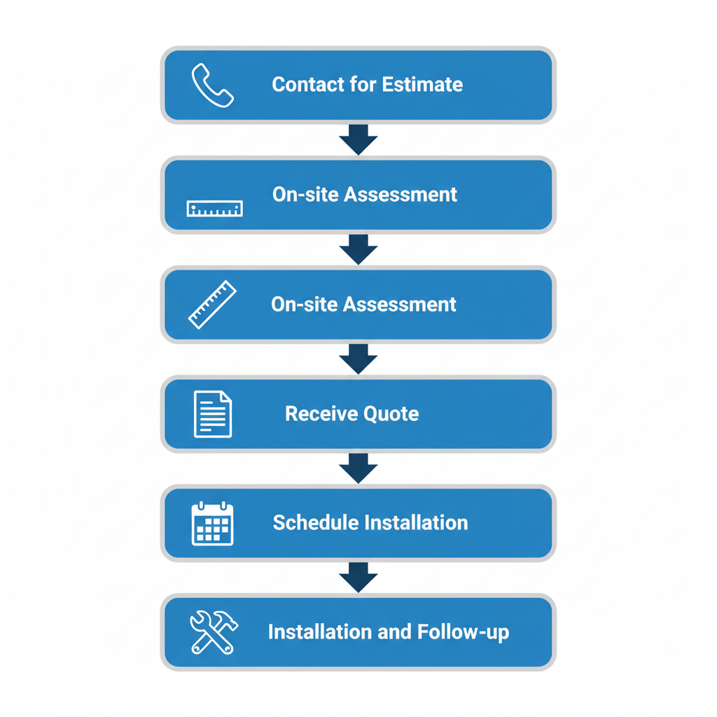 Vertical process flow diagram showing five steps for gutter installation: contact for estimate, on-site assessment, receive quote, schedule installation, and installation with follow-up.