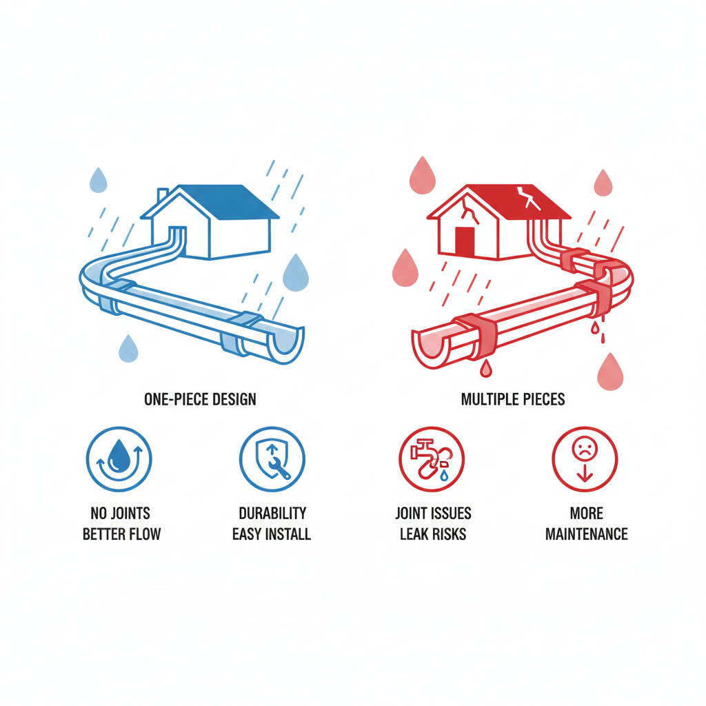 Infographic comparing seamless and sectional gutters side by side with icons and minimal labels highlighting advantages for home protection.