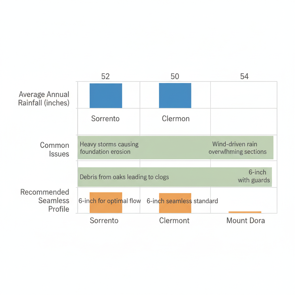 Bar chart comparing annual rainfall, common gutter issues, and recommended profiles in Sorrento, Clermont, and Mount Dora areas.