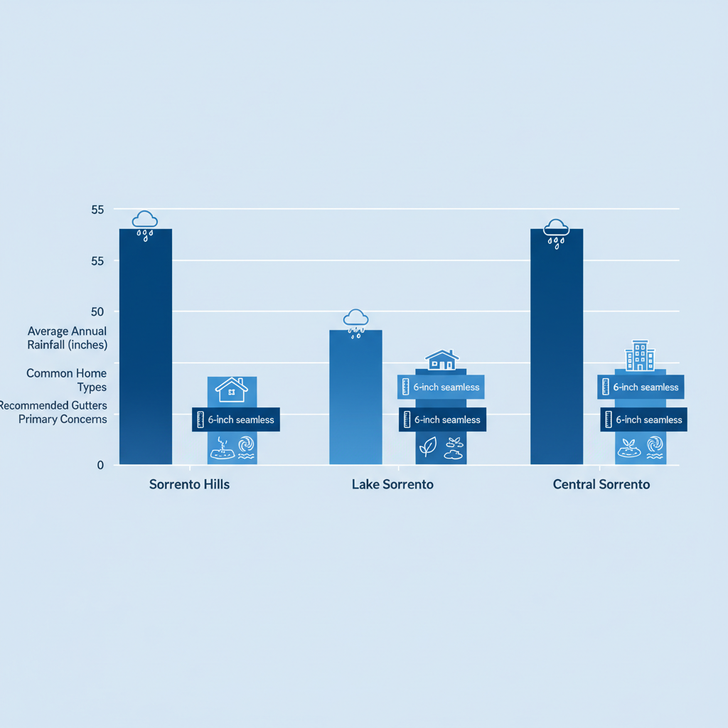 Bar chart comparing key gutter requirements across Sorrento neighborhoods including rainfall, home types, and concerns.