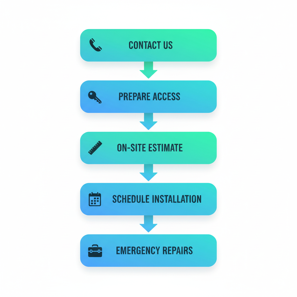 Vertical process flow diagram showing five steps to initiate gutter services: contact, prepare access, free estimate, schedule installation, and emergency repairs with icons.